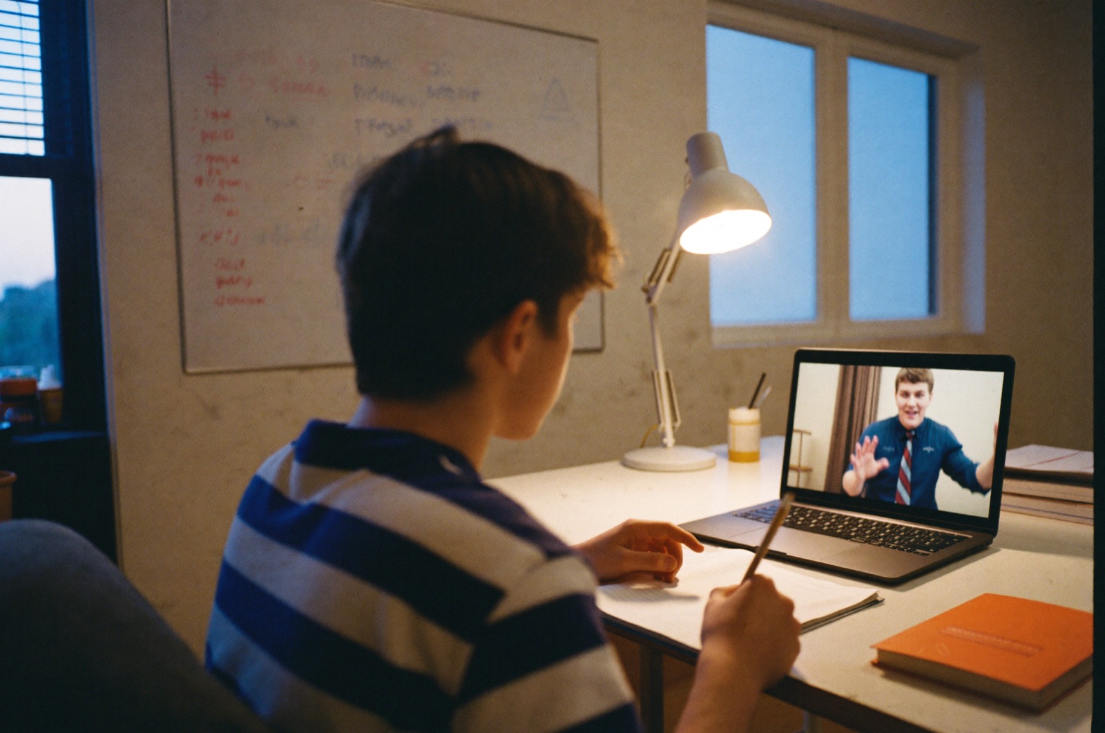 A student taking notes during an online lesson with his tutor